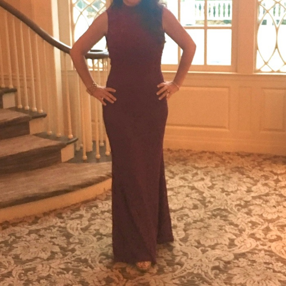 Red gown, wine red color, used once, great condition, size 4, lace